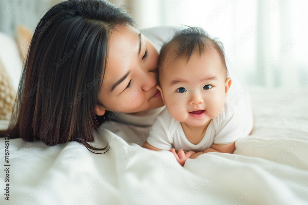 Portrait of an affectionate Asian mother, lounging with her baby Portrait of an affectionate Asian mother, lounging with her baby
