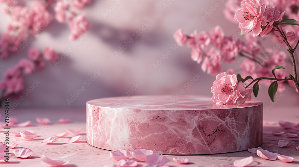 Stone marble podium display for product present. with rose blossoms blooming and petals, It's a scene element. - obrazy, fototapety, plakaty 