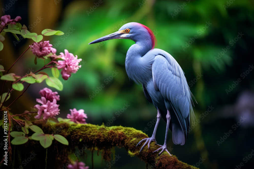 Obraz premium Little Blue Heron perched elegantly on a mossy branch surrounded by pink flowers. Nature concept