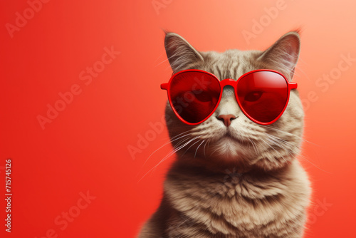 A stylish cat donning red sunglasses posed against a red backdrop. Cute animals concept