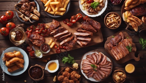 Grilled meat assortment of tasty bbq snacks on wooden background © Adi