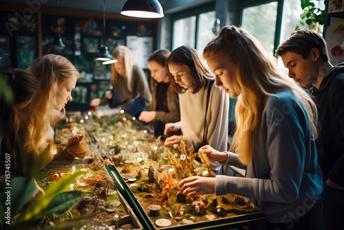 College students studying botanical objects of spore plants Biological education
