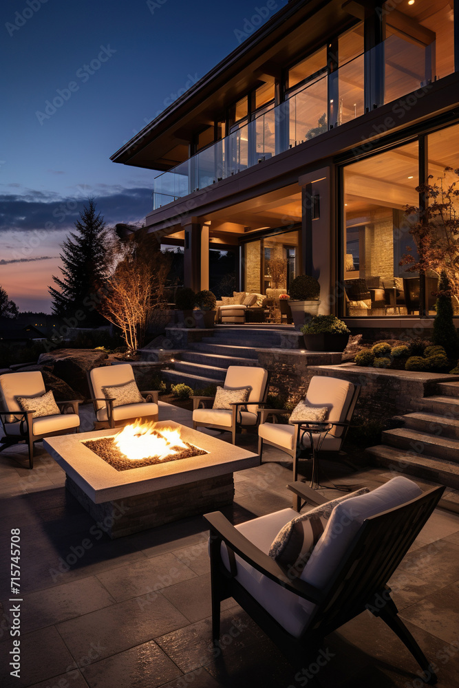 beautiful outdoor seating area, with several luxurious chairs arranged around a fire pit