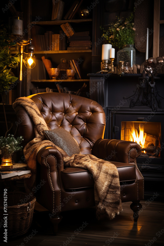 Cozy armchair glows by burning candlelight flame Cozy armchair glows by burning candlelight flame