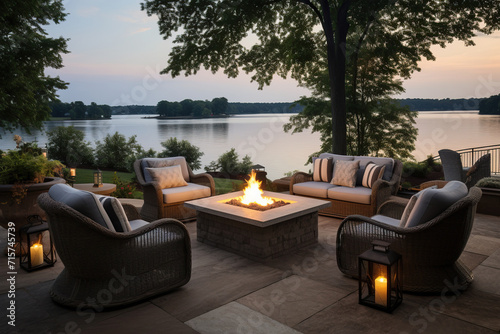 beautiful outdoor seating area, with several luxurious chairs arranged around a fire pit © wolfhound911