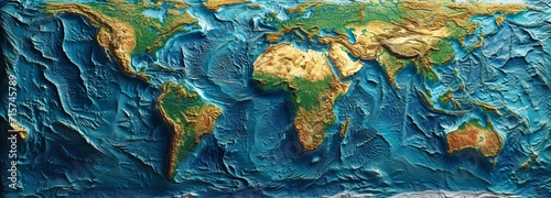 An earthly globe with heightened topography relief. comprehensive physical map of the planet. photo