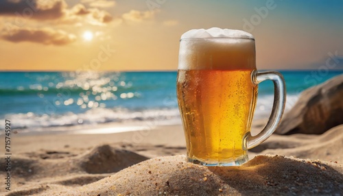 a Glass Of Beer On The Beach With Sea And Sunset