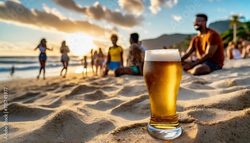 a Glass Of Beer On The Beach With Sea And Sunset