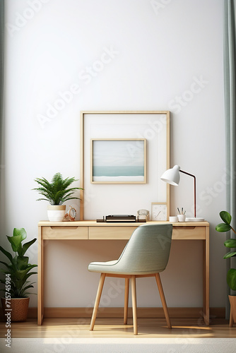 Cozy workplace interior at home with frame mockup