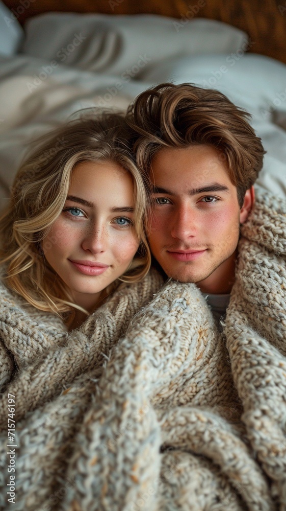 Above: A young couple in their bedroom, curled together beneath a blanket. Above: A young couple in their bedroom, curled together beneath a blanket.