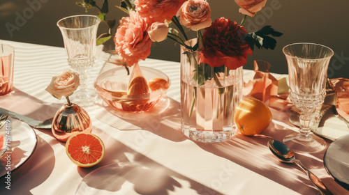 Romantic holiday table setting with Peach Fuzz color. Summer seasonal decor photo