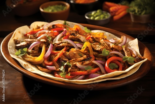 A platter of colorful vegetable fajitas, featuring sizzling peppers, onions, and mushrooms, served with warm tortillas.