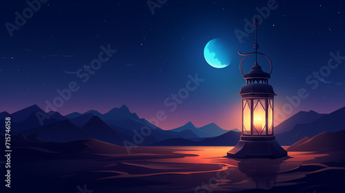 The light of Ramadan. Illustration of lanterns in the desert shining at night during Ramadan.	