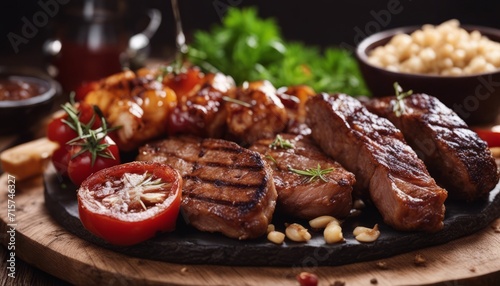 Grilled meat assortment of tasty bbq snacks on wooden background