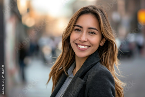 Portrait, street business and woman in the city for freelancer, commute and urban travel. Happy, confident and young female entrepreneur walking and smiling for exploration, leadership and corporate © MalamboBot/Peopleimages - AI