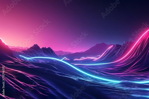 3d rendering. Aesthetic minimalist wallpaper. Surreal landscape: rocky mountains and neon dynamic lines in motion. Flowing energy concept. Glowing trajectory path. Abstract futuristic background