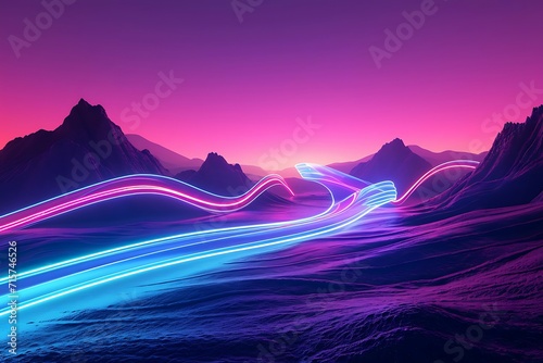 3d rendering. Aesthetic minimalist wallpaper. Surreal landscape: rocky mountains and neon dynamic lines in motion. Flowing energy concept. Glowing trajectory path. Abstract futuristic background