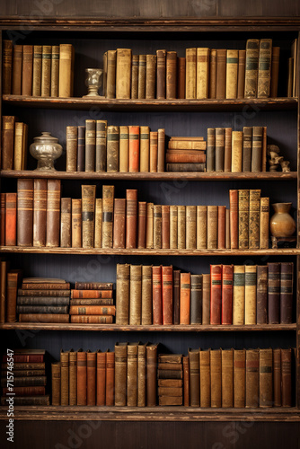 Large collection of old books on wooden shelves photo