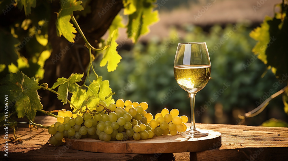 Glass of white wine, ripe grapes and bottle on table in vineyard