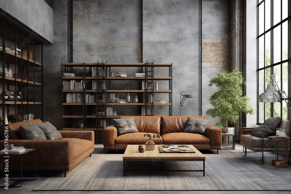 Living room loft in industrial style - obrazy, fototapety, plakaty 