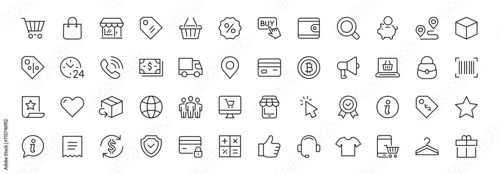 Shopping and e-commerce thin line icons set. Shop symbols. Vector