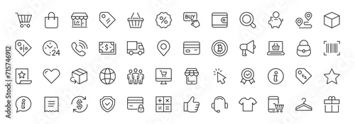 Shopping and e-commerce thin line icons set. Shop symbols. Vector