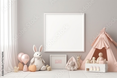 Mock up frame in cozy kids room interior background