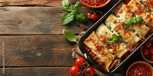 Italian pasta cannelloni , vegetarian option , Italian cuisine , balanced lunch , wallpaper , background. photo