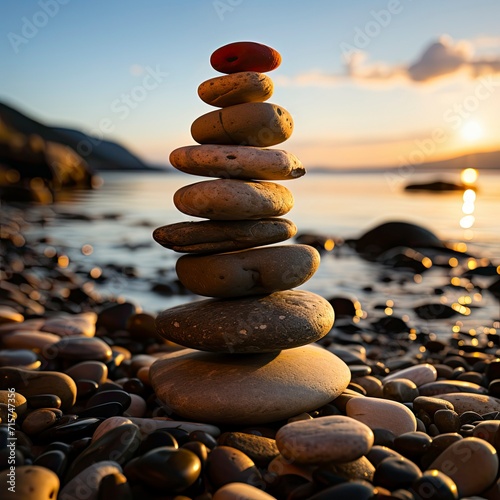 Balanced pebble pyramid silhouette on the beach with ocean on the background.