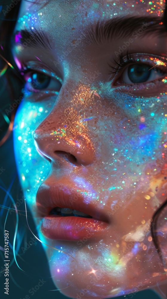 Glitter purple vaporwave light portrait of a beautiful girl face plastic resin holographic foil. Glitter purple vaporwave light portrait of a beautiful girl face plastic resin holographic foil.