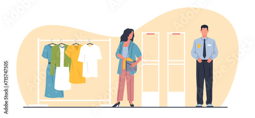 Woman steals things from store. Female character shoplifting in shop, Thief and security guard. Anti-theft sensor gate. Stealing clothes. Cartoon flat isolated vector kleptomania concept photo