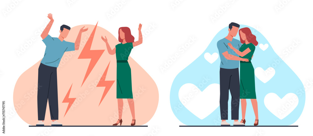 Woman and man fight and reconcile. Romantic relationship problems. Family quarrel , people hugging. Marriage and relations trouble. Boyfriend and girlfriend cartoon flat vector concept