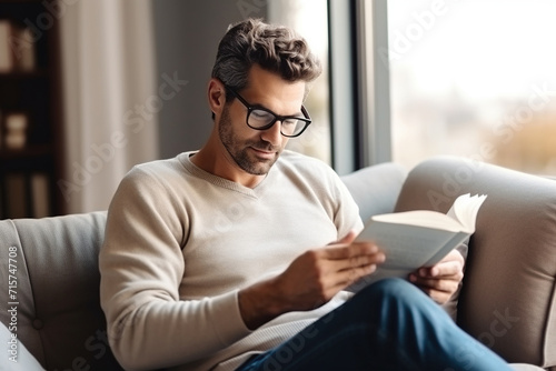 Pensive relaxed man reading a book at home, drinking coffee sitting on the couch. Copy space photo