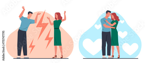 Woman and man fight and reconcile. Romantic relationship problems. Family quarrel , people hugging. Marriage and relations trouble. Boyfriend and girlfriend cartoon flat vector concept