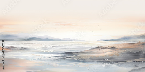abstract landscape with ocean waves on rocky shores sun