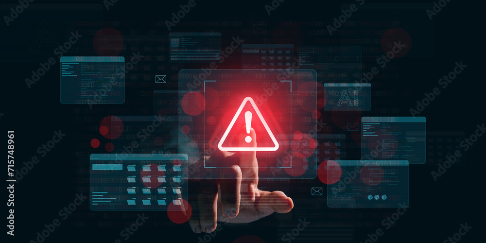 Warning alert icon with a hacked system. malicious software, virus, spyware, malware, or cyberattacks on computer networks. Security on the internet and online scam. Digital data is being compromised. - obrazy, fototapety, plakaty 