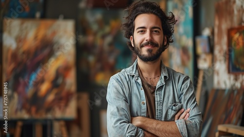 Portrait of a male artist in front of his painting with a big copy space, Generative AI.
