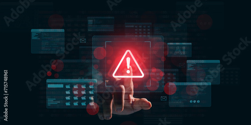 Warning alert icon with a hacked system. malicious software, virus, spyware, malware, or cyberattacks on computer networks. Security on the internet and online scam. Digital data is being compromised.
