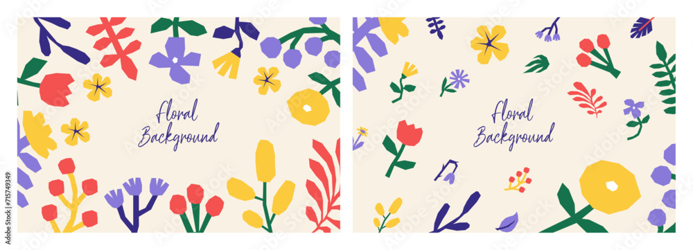 Set of floral backgrounds. Flat vector illustrations with plants and flowers for web banner or header. Set of floral backgrounds. Flat vector illustrations with plants and flowers for web banner or header.