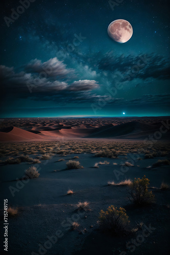 Full Moon Illuminating Desert Night Sky. Generative AI.
