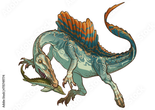 Spinosaurus hunting on fish. Colored linear hand drawing isolated on a white background. Paleoart illustration. EPS10 Vector illustration