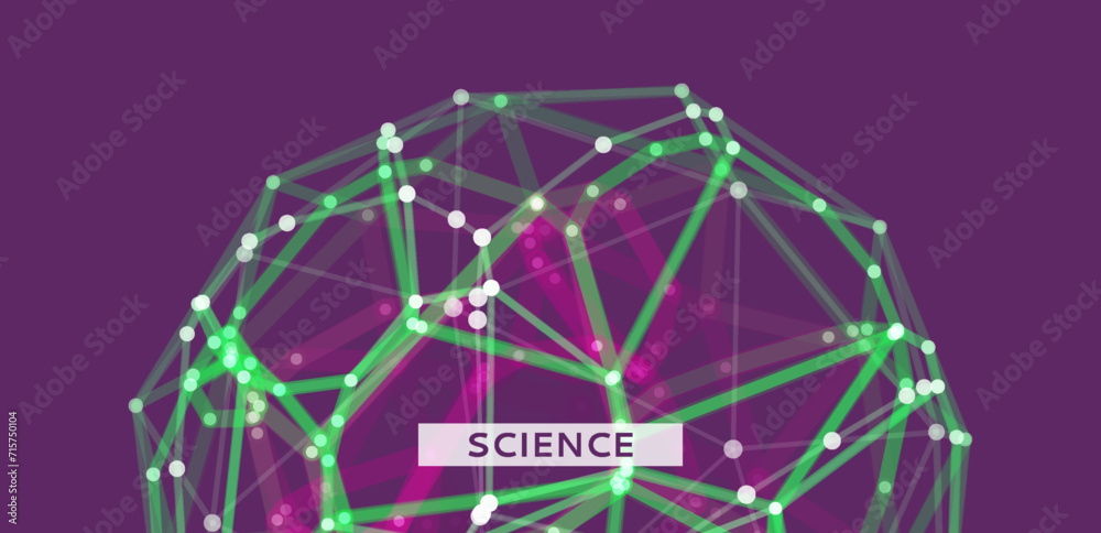 Scientific illustration with connected lines and dots. Sphere. 3d wireframe object. Luminous microscopic forms. Glowing grid. Connection structure. Vector for banner, poster, cover or brochure.