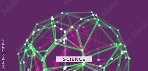 Scientific illustration with connected lines and dots. Sphere. 3d wireframe object. Luminous microscopic forms. Glowing grid. Connection structure. Vector for banner, poster, cover or brochure.