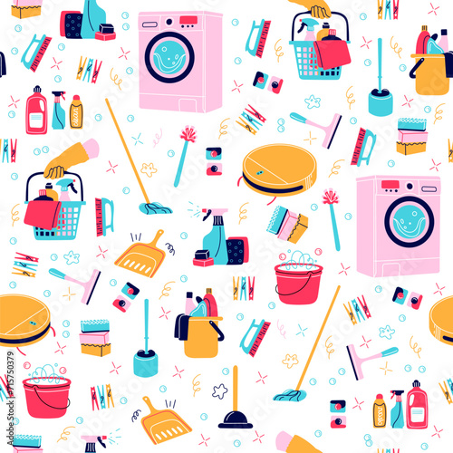 Seamless pattern with cleaning tools. Household equipment. Detergent bottles and washing machine. Vacuum cleaner. Decor textile, wrapping paper, wallpaper design. Vector concept