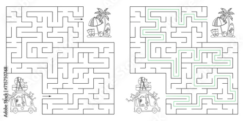 Labyrinth - Puzzle For Kids Helps The Little Car Reach The Holiday Island