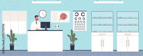 Optical store with trendy glasses on shelf and salesman behind counter. Shop room interior. Fashion eyewear, optometry diagnostic. Eyeglasses on shelves. Cartoon isolated vector concept