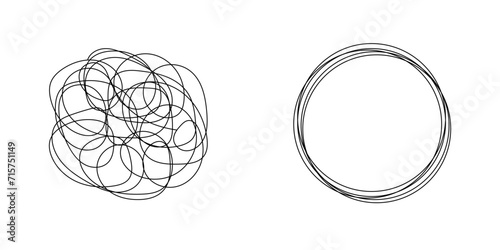 Chaotically tangled line and untied knot in form of circle. Psychotherapy concept of solving problems is easy. Unravels chaos and mess difficult situation. Vector illustration photo