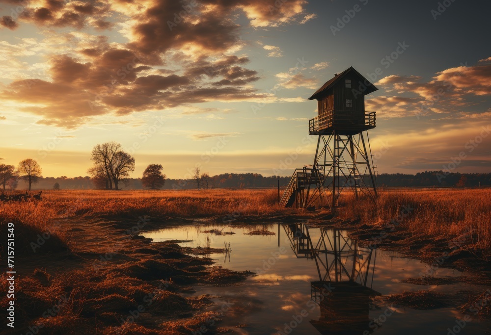 A tranquil countryside scene captured at dawn, showcasing a rustic windmill surrounded by lush greenery, a serene pond reflecting the colorful sky, and a majestic tower standing tall amidst the peace