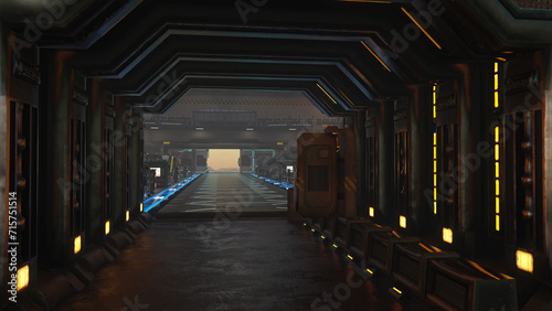 Dark atmospheric tunnel inside a futuristic sci-fi space station building. 3D illustration.
