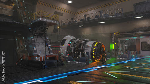 Machinery inside a fantasy future space station hangar. 3D rendering.